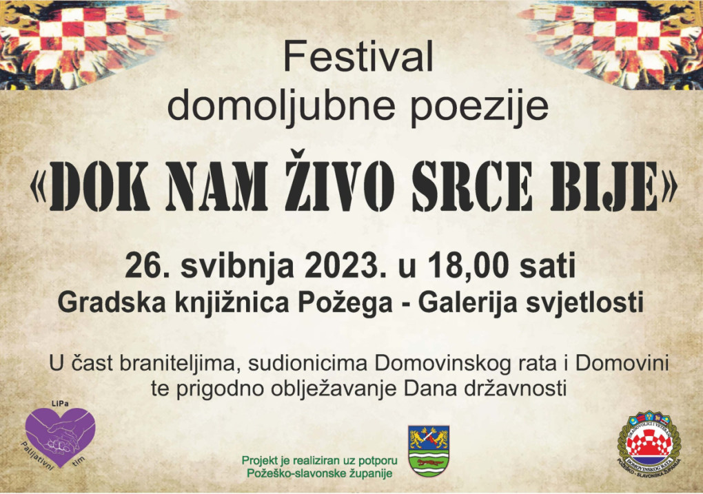 Festival domoljubne poezije „Dok nam živo srce bije“ - 26.svibnja, Gradska knjižnica Požega